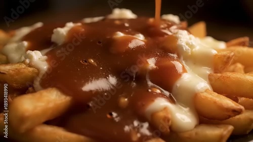 Irresistible close-up of classic canadian poutine with rich gravy and gooey cheese curds