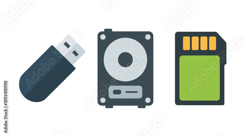 USB Flash Drive, External Hard Drive, and SD Card in Flat Design with Bright Colors on White Background for Tech Illustrations