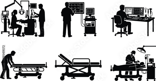 Medical surgery workflow icons, hospital operating room procedures, patient monitoring systems, clinical treatment process, healthcare technology, black silhouette illustration set