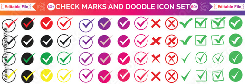 Check tick mark icon set. Cross box x check mark checkbox v list vector draws hand drawn sketch doodle brush marker checklist symbol wrong right circle. Vector Illustration