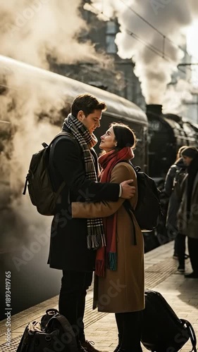 Romantic young Caucasian couple in their 30s hugging on a train station platform with a vintage steam locomotive and smoke in the background during winter travel