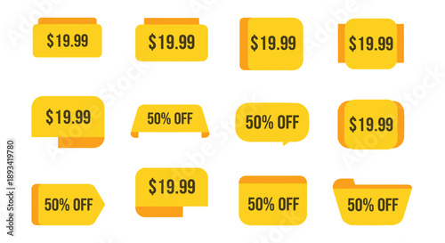 Assorted Yellow Price Tags with Discounts.