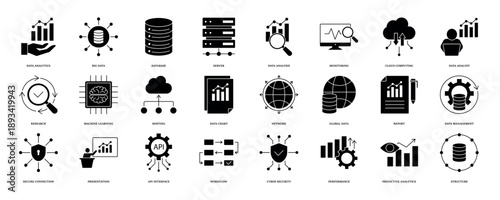 Data analytics icon set. Big data analysis technology symbol. Containing database, statistics, analytics, server, performance, monitoring, computing and network icons. Solid icons vector collection. e