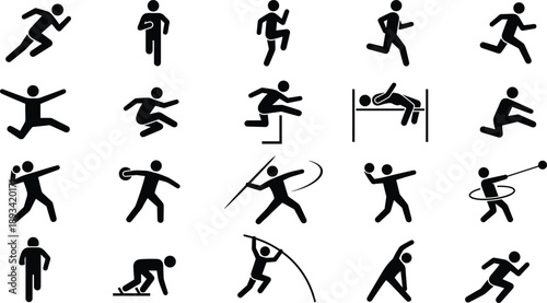 Black silhouette icon set of track and field athletes featuring running, hurdles, high jump, shot put, javelin, and pole vault.
