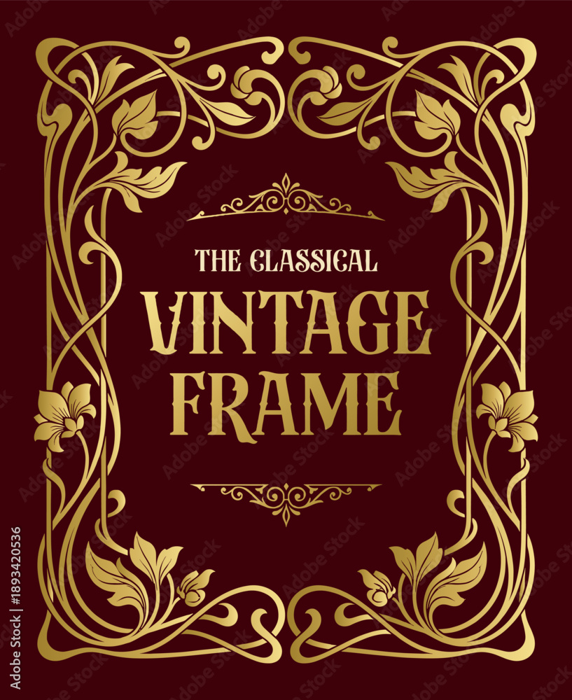Naklejka premium Elegant Golden Floral Vintage Frame with Art Nouveau Accents