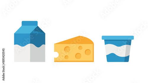 Dairy products in flat design with blue and yellow colors on white background for nutrition