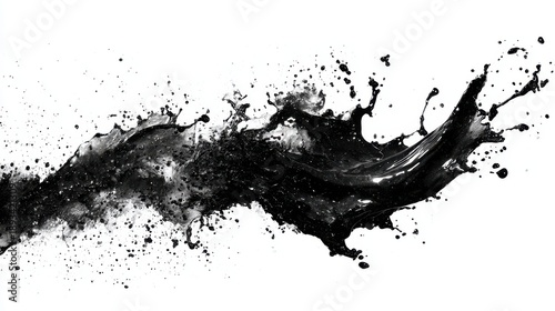 Dynamic black ink splash flowing horizontally across a white background abstract splatter