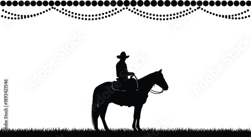 Black Cowboy Silhouette Riding Horse in Field with Decorative Bunting Border Minimalist Western Ranch Landscape Vector for Country Living Equestrian Sports and Americana Graphic Design