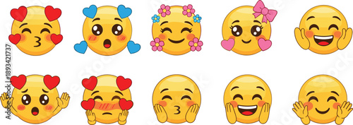 Colorful cartoon emoji faces with hearts, flowers, and joyful expressions for digital communication, sticker design, social media, and creative content use