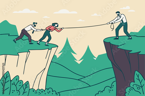 Teamwork and trust: mountain climbers on a rope