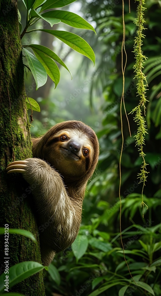 Obraz premium Sloth in the Lush Rainforest Canopy - A Slow-Paced Life.