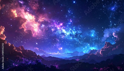 A vibrant starry night sky over a mountain range