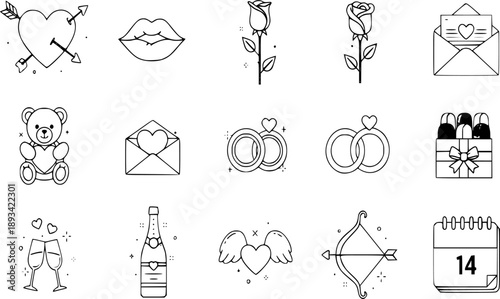 A playful set of 15 icons representing classic Valentine’s Day motifs. Features hearts, roses, wine glasses, teddy bears, and romantic gifts. Ideal for greeting cards, stickers, digital plan