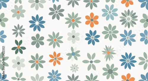 Seamless Vector Pattern of Flat Pastel Daisy Flowers on White Background