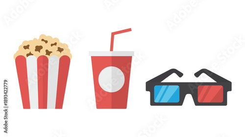 Cinema Snacks and 3D Glasses in Flat Design with Bright Colors and White Background for Entertainment Advertising