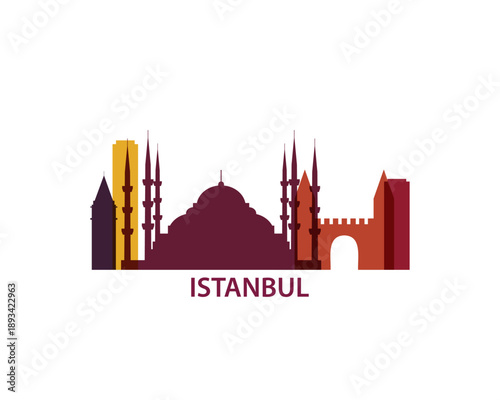 Istanbul logo, clip art with cityscape, skyline, panorama, skyscrapers. Vector flat isolated illustration. Turkey city image with landmarks and building