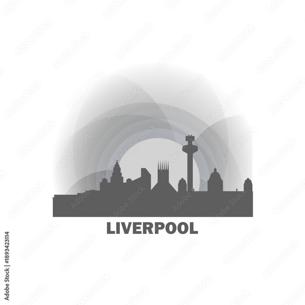 Obraz premium Liverpool logo, clip art with cityscape, skyline, panorama, sightseeing. Vector flat isolated illustration. UK England city image with landmarks and buildings