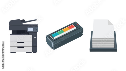 Office Printer with Color Ink Cartridge and Paper Tray in Modern Office Setting with Bright Lighting for Business Use