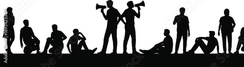 People silhouette group with megaphones standing and sitting communication protest leadership announcement teamwork discussion black vector illustration isolated white background concept design