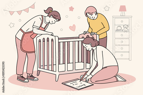 Joyful women prepare a charming baby nursery, meticulously assembling a crib and organizing for the newborn's arrival with love and anticipation. domestic family care vector art.