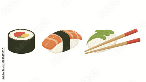 Sushi and Chopsticks in Simple Flat Design with Bright Colors on White Background for Food Blog