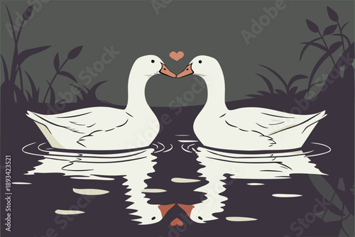 Vector illustration of two white geese or swans in love, facing each other on a dark pond with a heart, their reflections shimmering, symbolizing romance, affection, and togetherness.