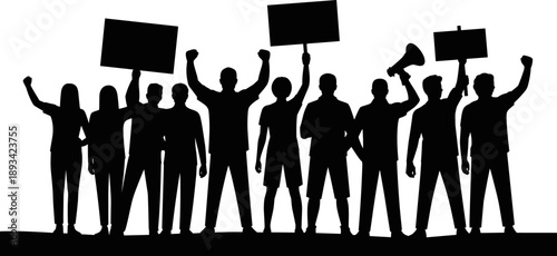 Protest group silhouettes holding placards and megaphone symbolizing activism, unity, freedom, democracy, people power, social movement, public