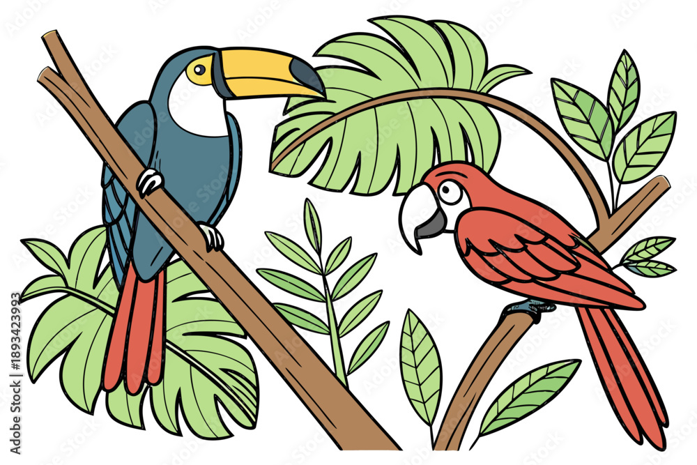 Obraz premium Vibrant tropical birds on a branch - vector illustration