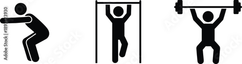 Fitness exercise pictogram icons set, squat pull up and weightlifting symbols, gym workout silhouettes isolated on white background