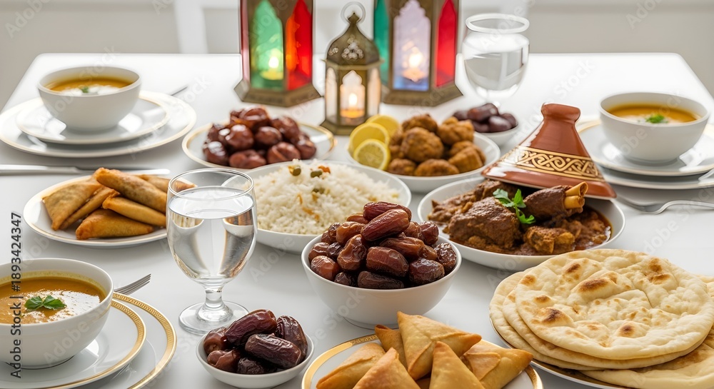 Fototapeta premium Delicious spread of Middle Eastern cuisine with dates and lanterns