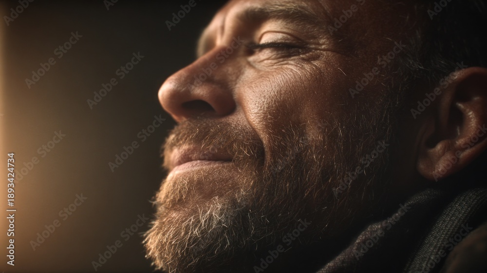 Fototapeta premium Man sits and thinks while light shines on his face in a close up view during a quiet moment