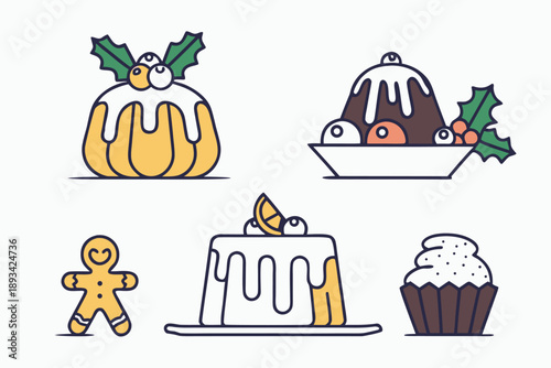 Festive christmas desserts vector illustration set with traditional holiday cakes, pudding, gingerbread man, and cupcake icons for winter celebrations and sweet treats designs.