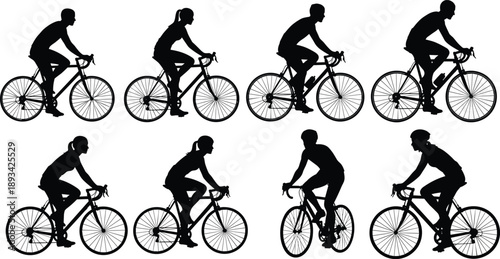 Black Silhouette Set of Professional Cyclists Riding Road Bikes in Various Poses for Fitness Competition Sport Training Healthy Lifestyle and Outdoor Activity Vector Illustration