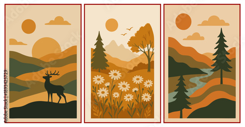 Boho minimalist nature landscape set with deer, flowers and river in earth tones mid-century modern style.