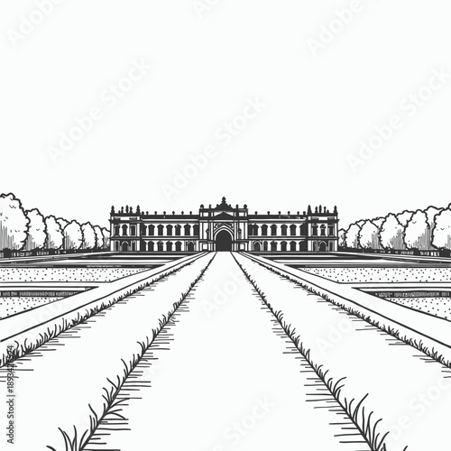Palace of Versailles Outline Vector Illustration Minimal Monochrome Line Art