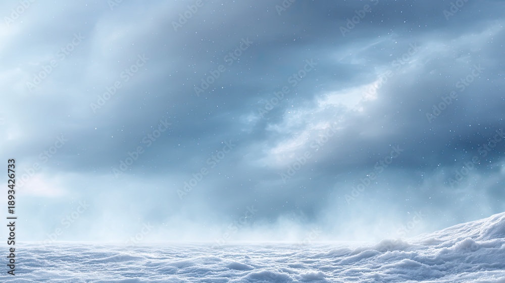 Fototapeta premium Ethereal Winter Landscape with Snow-Covered Ground and Dramatic Cloudy Sky over a Quiet Frozen Horizon