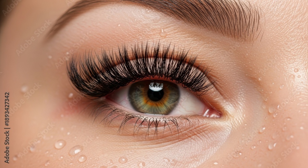 Obraz premium Macro shot of beautiful female eye with long eyelashes and water drops on skin. Wet texture and moisturizing skincare concept with fresh natural look.