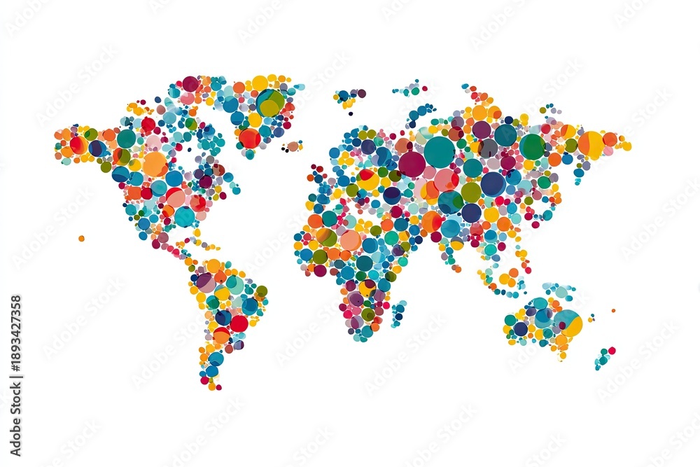 Obraz premium Colorful world map made of various-sized circles in shades of blue, yellow, red, and green