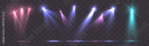 Light multicolor stage spotlights with glowing beams on transparent background.
