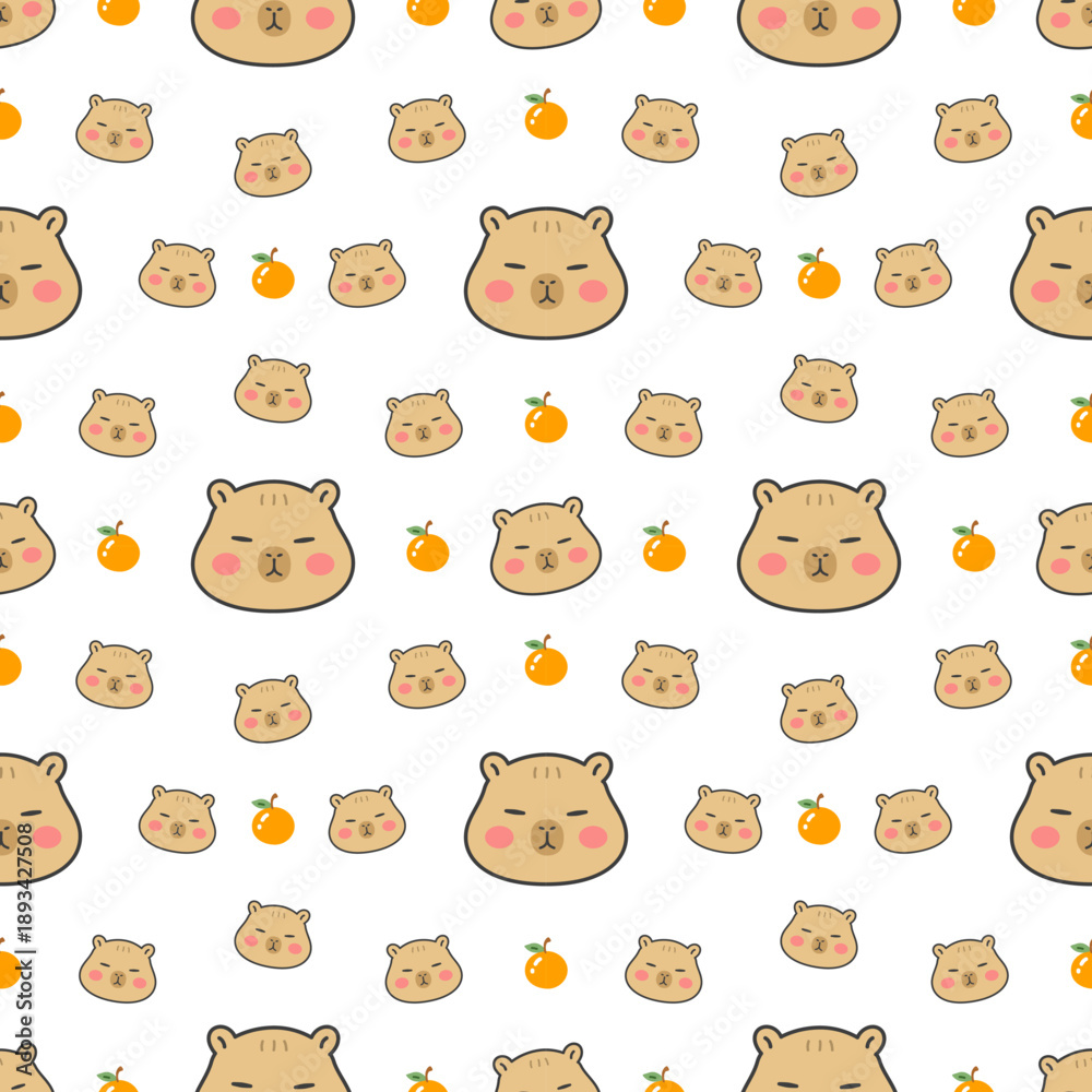 Obraz premium Cute capybara face seamless pattern with orange fruit elements. Kawaii cartoon background for kids, fabric, wallpaper, and packaging design. Vector illustration