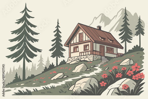 Vintage vector illustration of a cozy mountain cabin on a hillside path with evergreen trees and distant peaks