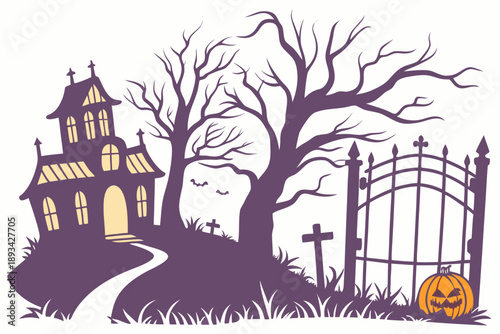 Spooky haunted house and graveyard vector illustration for halloween. eerie landscape silhouette with bare trees, cemetery gate, gravestones, and jack-o'-lantern on white background.