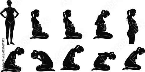 Pregnant woman silhouette icon set showing maternity poses, kneeling and standing positions, minimal black figures for pregnancy, motherhood, prenatal health, and medical design use