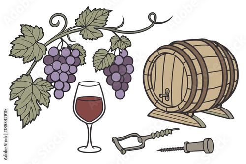 Vector illustration set of winery elements including grape vine, wine barrel, glass of red wine, and corkscrew, symbolizing harvest and celebration.