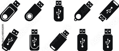 USB flash drive icon set showing multiple pen drive shapes and USB symbols isolated on white background for technology design use