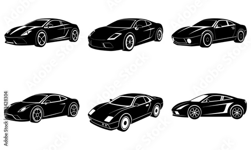 Collection of sleek sports cars illustrated in various viewpoints on a clean background