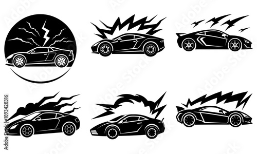 Various sports cars depicted in motion with dynamic lightning effects from different viewpoints