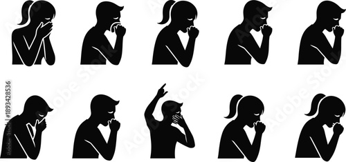 Woman coughing silhouette icon set showing respiratory symptoms illness allergy flu infection healthcare awareness and medical condition concepts in black vector style
