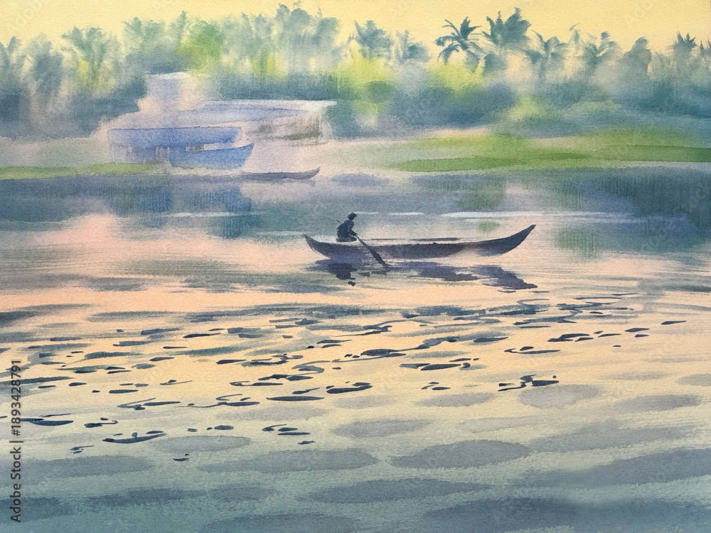 Fototapeta premium Morning sunrise in Kerala backwaters watercolor background