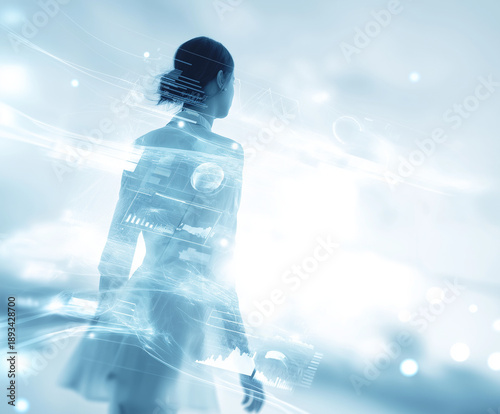 Double exposure of data graphs and anonymous person — future tech, AI, workforce, analytics.
